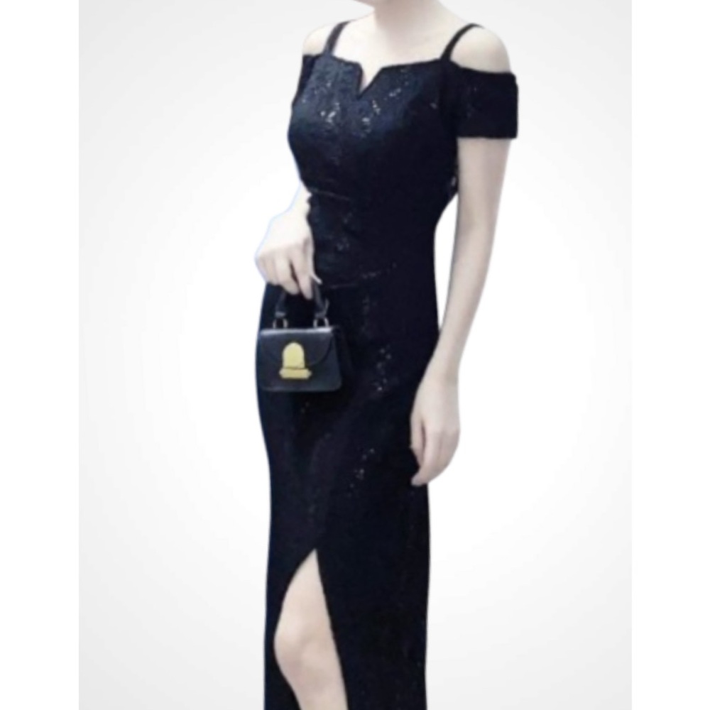 Candalite Black Sequin Off Shoulder Slit Leg Formal Maxi Dress Dress XL NWT